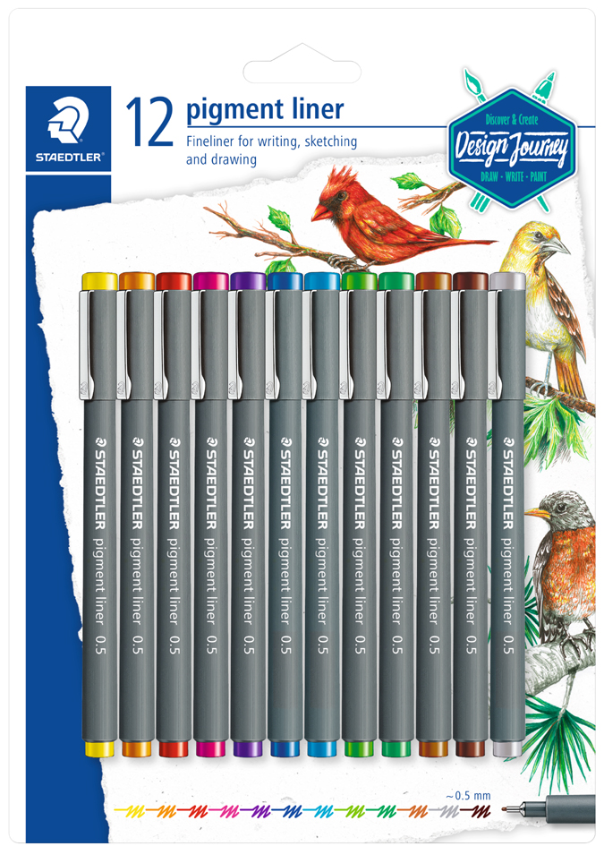 4007817054628 - STAEDTLER Pigmentliner Design Journey 12er Blisterkarte Strichstärke 05 mm lange Metallspitze ideal für Lineale - 1 Stück (30805SBK12)