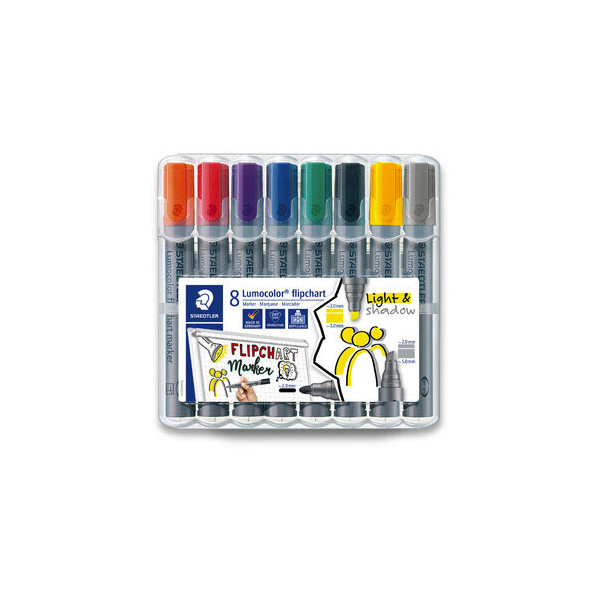 4007817073858 - Flipchartmarker Staedtler Lumocolor® 356 6x Rundspitze 2 mm 2x Keilspitze 2 oder 5 mm schnell trocknend mit Clip farbsortiert 8 Stück