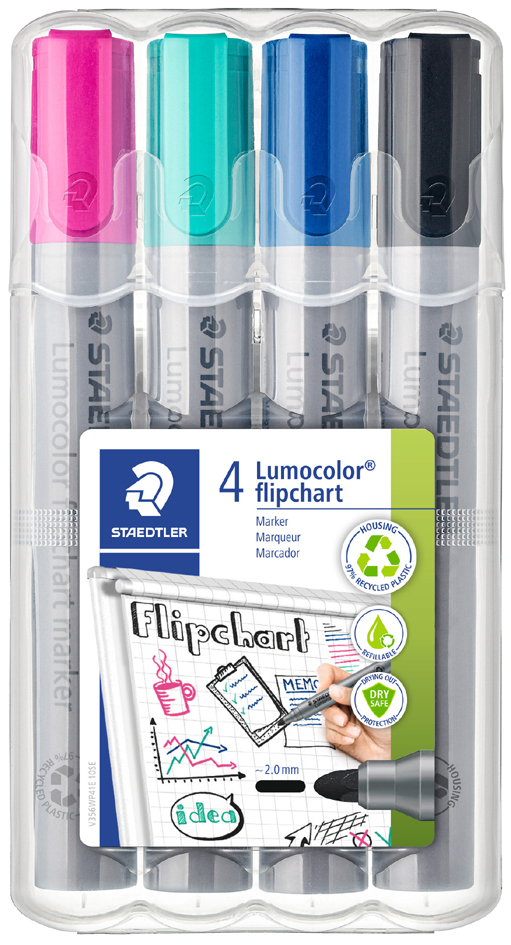 4007817074619 - STAEDTLER Lumocolor Flipchart-Marker 356 4er Etui Strichstärke 20 mm Rundspitze nachfüllbar DRY SAFE - 1 Stück (356 WP4-1)