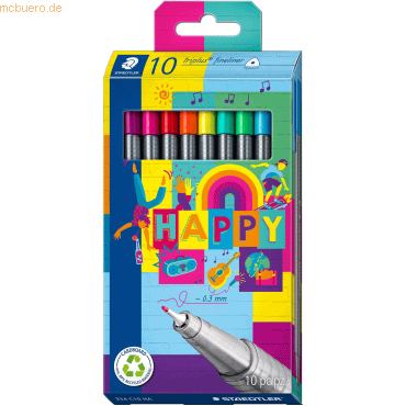 4007817087480 - STAEDTLER Fineliner triplus HAPPY 10er Kartonetui Strichstärke 03 mm dreieckig DRY SAFE sortiert in - 1 Stück (334 C10 HA)