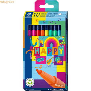 4007817087503 - STAEDTLER Fasermaler triplus color HAPPY 10er Kartonetui Strichstärke 10 mm dreieckig druckgesicherte Spitze - 1 Stück (323 C10 HA)