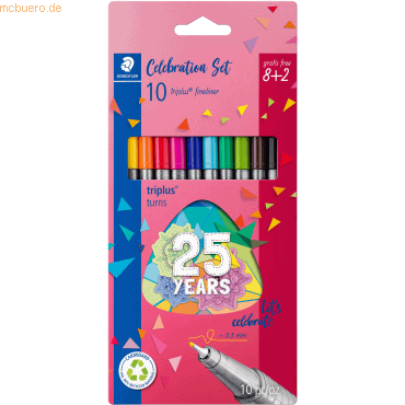 4007817090879 - STAEDTLER triplus 334 Fineliner Celebration Set Dreikantiger Fasermaler mit superfeiner Metallspitze in sortierten Farben 1 Packung = 10 Stifte