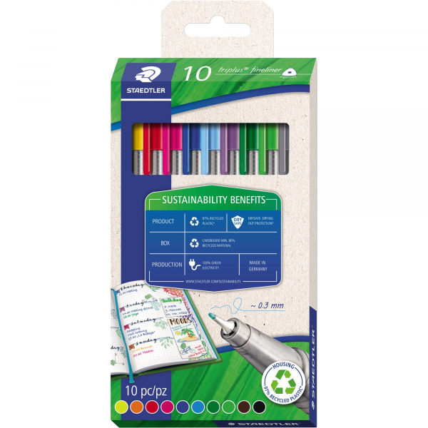 4007817099957 - STAEDTLER triplus Fineliner 334 DRY SAFE 03 mm ergonomisch auswaschbar farbsortiert 10-er Set