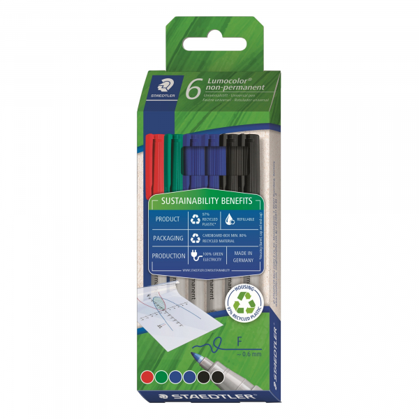 4007817099995 - STAEDTLER Lumocolor non-permanent Folienstifte 06 mm nachfüllbar abwischbar schnell trocknend farbsortiert 6-er Set