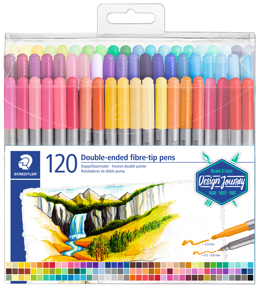 4007817188583 - STAEDTLER Fasermaler 3200 mit Doppelspitze 120 Farben Filzstift für farbintensives Zeichnen Malen Illustrieren und Schreiben 1 Etui = 120 Stifte