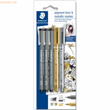 4007817309230 - STAEDTLER Pigmentliner & Metallic Marker Set Blisterkarte lange Metallspitze ideal für Lineale und Schablonen - 1 Stück (308 SBK3P3) 4007817309230 - STAEDTLER Pigmentliner & Metallic Marker Set Blisterkarte lange Metallspitze ideal für Lineale und Schablonen - 1 Stück (308 SBK3P3)
