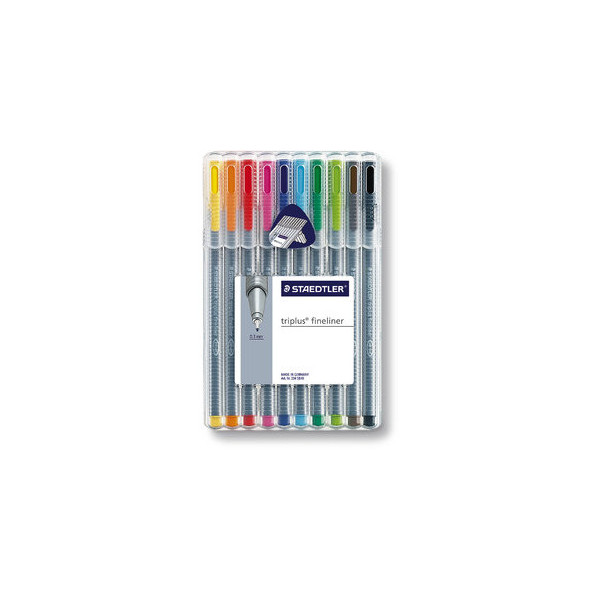 4007817334010 - STAEDTLER Fineliner triplus farbig sortiert 10er Etui Strichstärke 03 mm dreieckig DRY SAFE Schaft silber - (334 SB10)