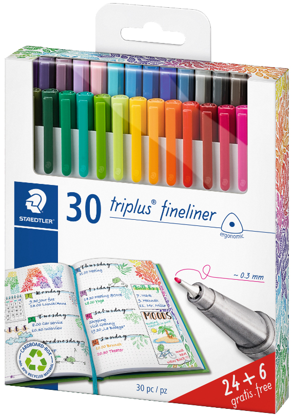 4007817336175 - STAEDTLER Fineliner triplus Promotion Set 24 + 6 GRATIS Strichstärke 03 mm dreieckig DRY SAFE - 1 Stück (334 C30P)