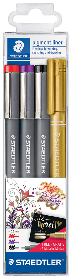 4007817348154 - STAEDTLER Pigmentliner 3er Set +GRATIS Metallic-MarkerEtui lange Metallspitze ideal für Lineale & Schablonen Pigment - 1 Stück (308 SWP3P)