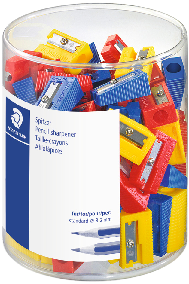 4007817510438 - STAEDTLER Spitzer aus Kunststoff 100er Dose für normale Bleistifte bis 82 mm Durchmesser extralange - 100 Stück (51050KP100)