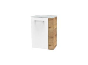 4008033077521 - Milano sbc Gäste-WC Set 2 Teile – Waschtischunterschrank in Weiß mit Holz Braun mit Waschbecken aus Glas in Weiß – Waschbeckenunterschrank schmal –