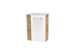 4008033077569 - Milano sbc Gäste-WC Set 2 Teile – Waschtischunterschrank in Weiß mit Holz Braun mit Waschbecken aus Glas in Weiß – Waschbeckenunterschrank schmal –