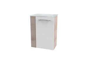 4008033077668 - B clever sbc Gäste-WC Set 2 Teile – Waschtischunterschrank in Weiß mit Holz Braun mit Waschbecken aus Glas in Weiß – Waschbeckenunterschrank schmal