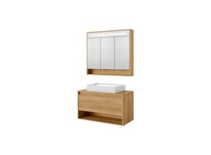 4008033797092 - FACKELMANN NATURA Badmöbel Set 3 Teile   Keramik Waschbecken   Waschbeckenunterschrank mit Schublade   LED Spiegelschrank mit 3D-Effekt  