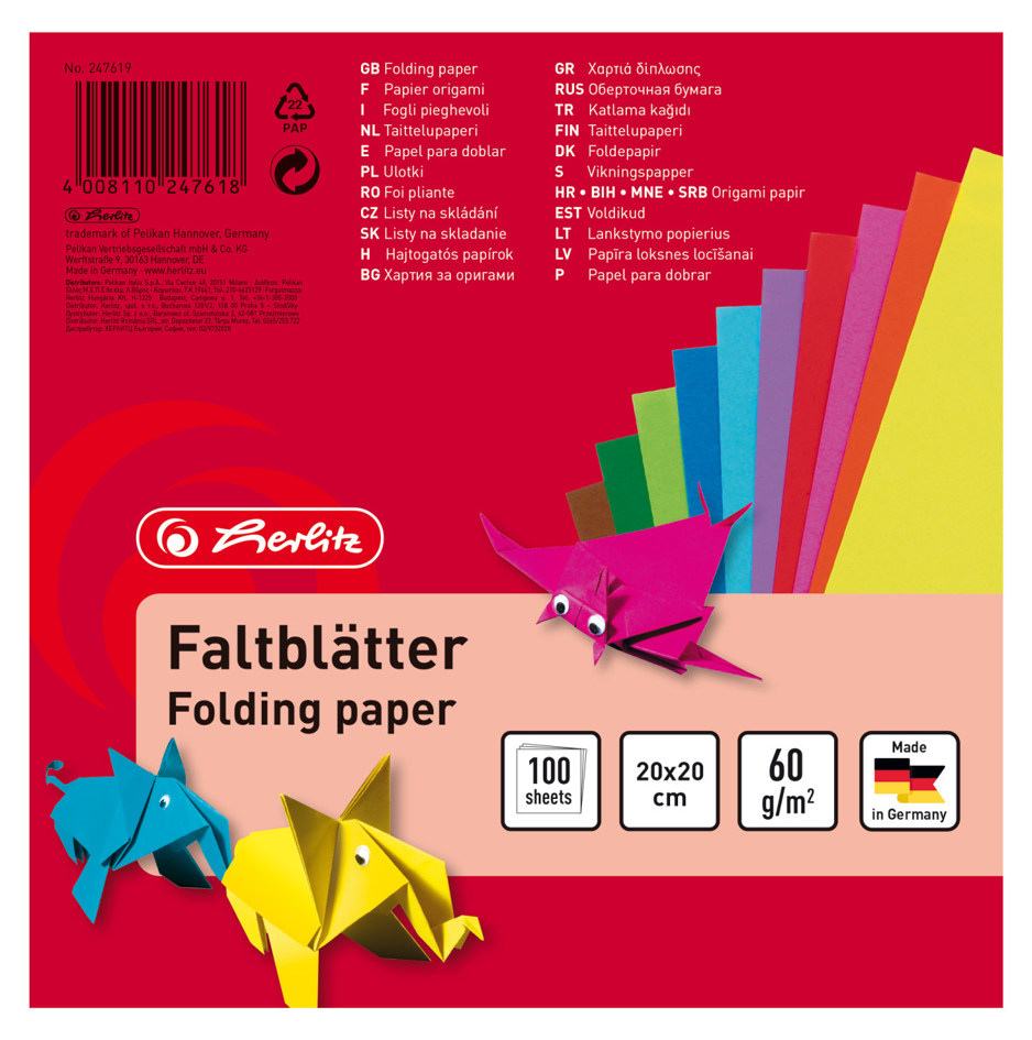 4008110247618 - herlitz Origami Faltblätter 200 x 200 mm farbig sortiert Plakatpapier 60 g-qm sortiert in den Farben je 10 x rot (247619)