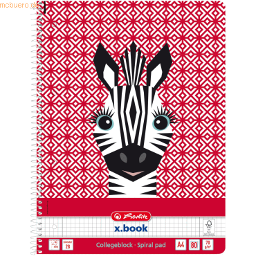 4008110290881 - herlitz Collegeblock Cute Animals Zebra DIN A4 kariert mit 2 Rändern 80 Blatt 70 g qm holzfrei 4-fach gelocht - 1 Stück (50039210)