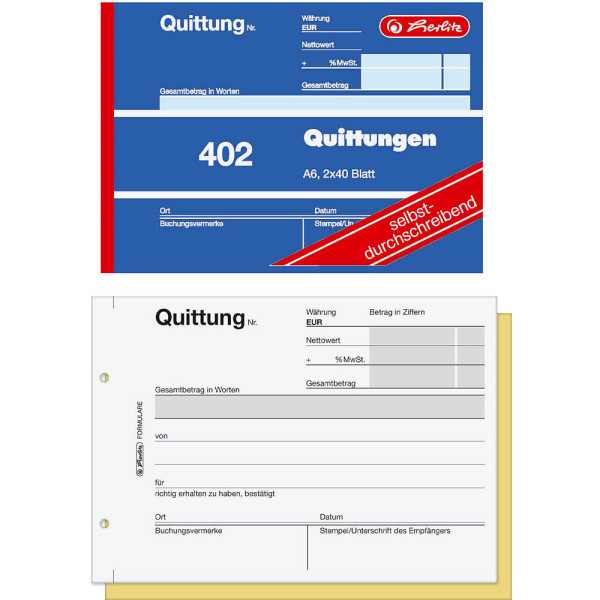 4008110886626 - herlitz Kassenformulare Quittung mit MwSt separat ausgewiesen 886622 DIN A6 quer 2x 40 Seiten