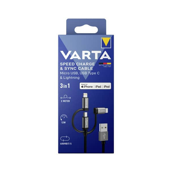 4008496066315 - VARTA 3-in-1 Cable USB A to Micro USB USB Type C Lightning Speed Charge & Sync MFi Charging Cable 2M black