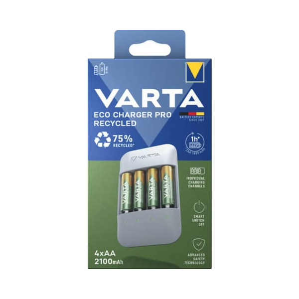 4008496073900 - VARTA Akku Ladegerät Eco Charger Pro Recycled aus 75% Recyclingmaterial inkl USB-Typ-C Ladekabel und 4x AA 2100 mAh NiMH-Akkus