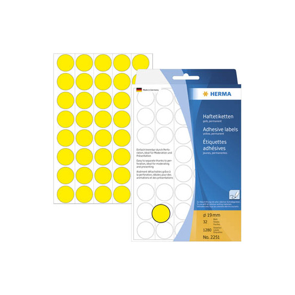 4008705022514 - HERMA Klebepunkte 2251 Ø 19 mm selbstklebend permanenthaftend per Hand beschreibbar 1280 Stück auf 32 Blatt FSC®-Papier gelb