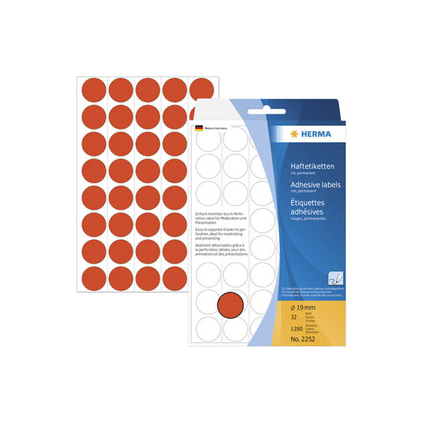 4008705022521 - HERMA Klebepunkte 2252 Ø 19 mm selbstklebend permanenthaftend per Hand beschreibbar 1280 Stück auf 32 Blatt FSC®-Papier rot