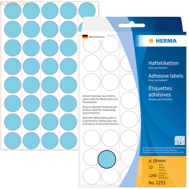 4008705022538 - HERMA Klebepunkte 2253 Ø 19 mm selbstklebend permanenthaftend per Hand beschreibbar 1280 Stück auf 32 Blatt FSC®-Papier blau