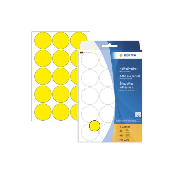 4008705022712 - HERMA Klebepunkte 2271 Ø 32 mm selbstklebend permanenthaftend per Hand beschreibbar 480 Stück auf 32 Blatt FSC®-Papier gelb