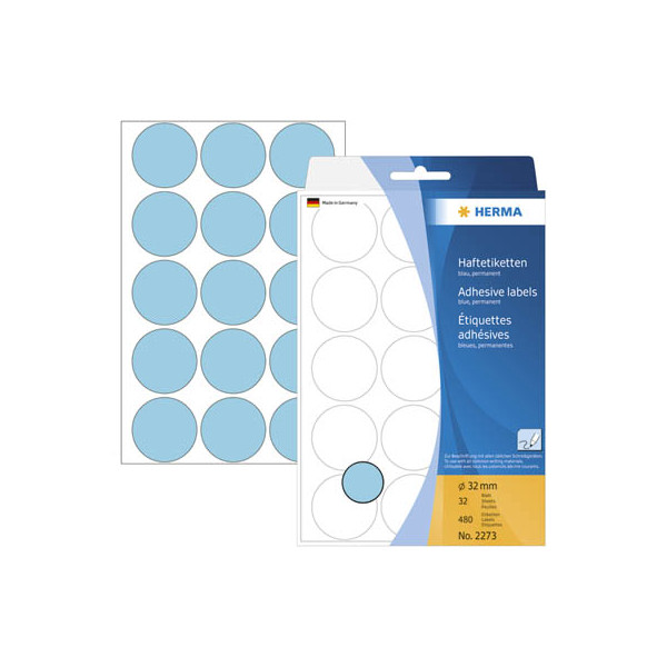 4008705022736 - HERMA Klebepunkte 2273 Ø 32 mm selbstklebend permanenthaftend per Hand beschreibbar 480 Stück auf 32 Blatt FSC®-Papier blau