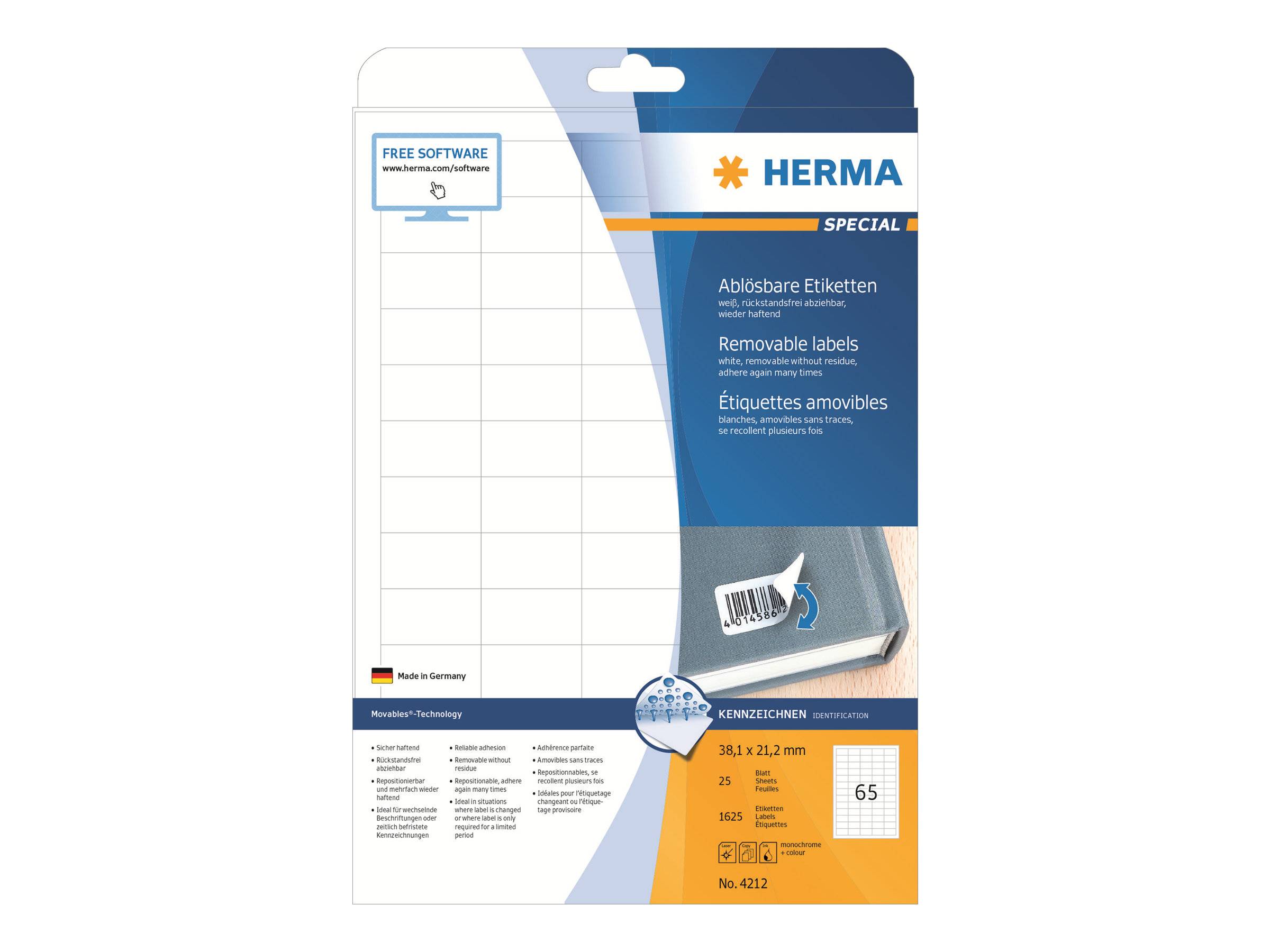 4008705042123 - HERMA Ablösbare Etiketten A4 381x212 mm weiß Movables ablösbar Papier matt 1625 St - Weiß - Selbstklebendes Druckeretikett - A4 - Papier - Laser Inkjet - Entfernbar