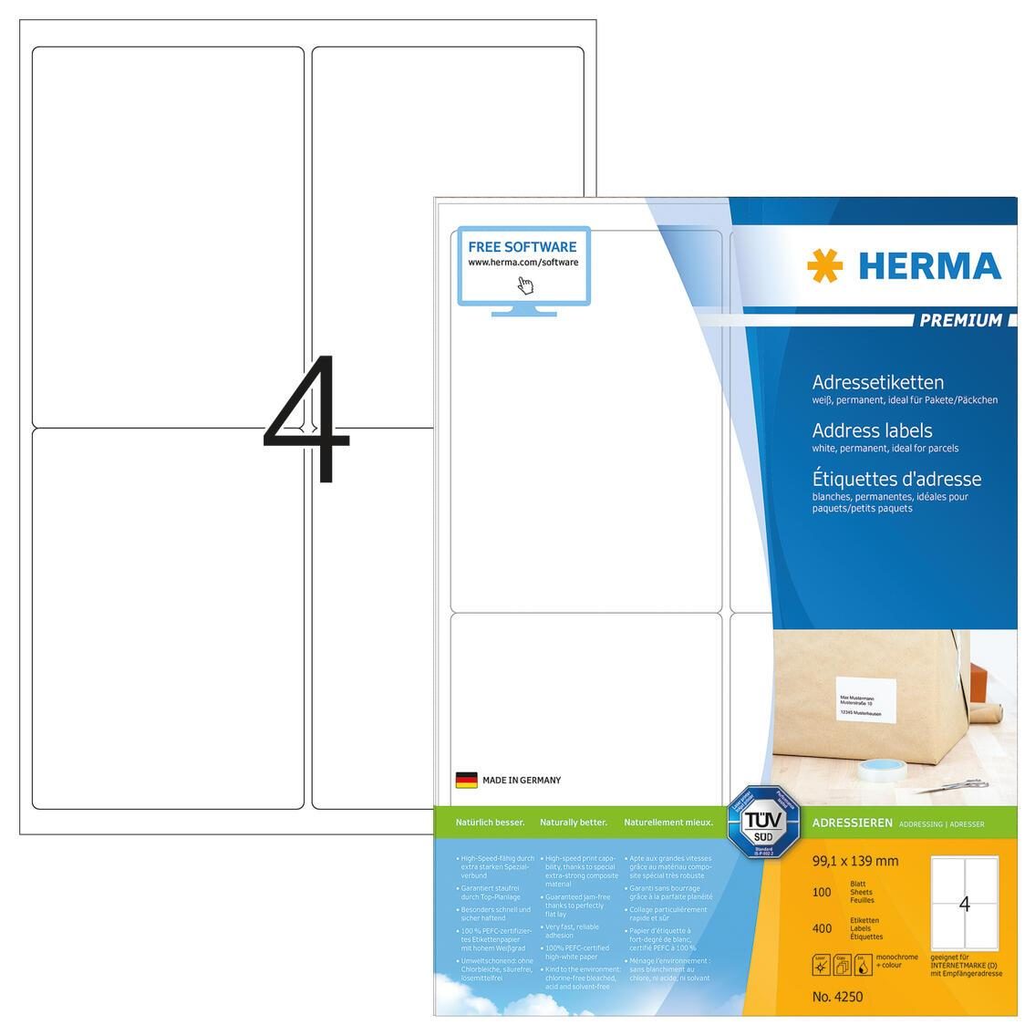 4008705042505 - HERMA Adressetiketten Premium A4 991x139 mm weiß Papier matt 400 St - Weiß - Selbstklebendes Druckeretikett - A4 - Papier - Laser Inkjet - Dauerhaft