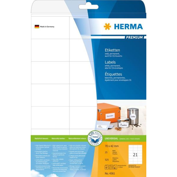 4008705043618 - HERMA Universaletiketten 4361 Weiß DIN A4 70 x 42 mm 25 Blatt à 21 Etiketten