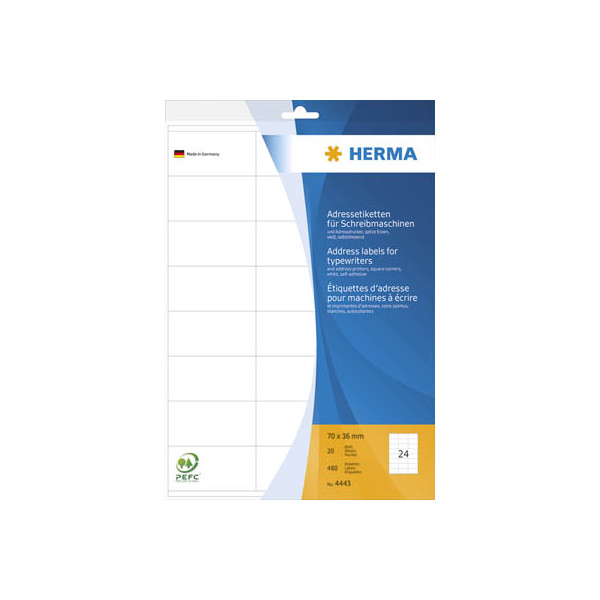 4008705044431 - HERMA Adressetiketten für Schreibmaschinen A4 70 x 36 mm weiß permanent haftend