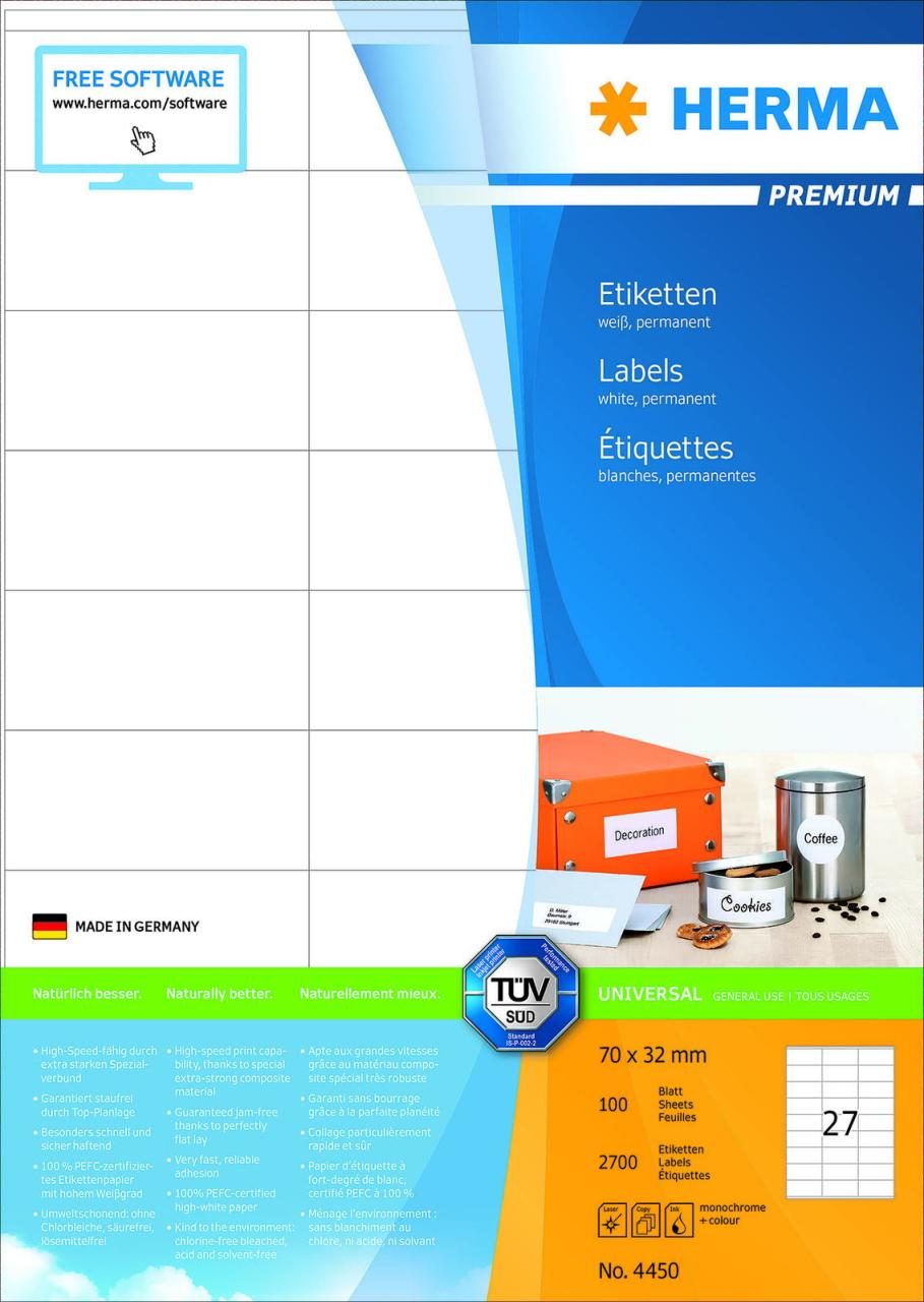 4008705044509 - - Universaletikett premium 70 x 32 mm (b x h) nicht wieder ablösbar Papier weiß 2700 Etik Pack