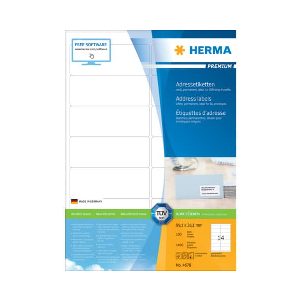 4008705046787 - HERMA Adressetiketten Premium A4 991x381 mm weiß Papier matt 1400 St - Weiß - Papier - Laser Inkjet - Matte - Dauerhaft - Abgerundetes Rechteck