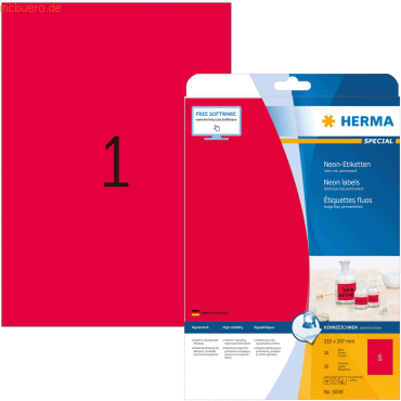 4008705050487 - HERMA Neonetiketten A4 210x297 mm neon-rot Papier matt 20 St - Rot - Selbstklebendes Druckeretikett - A4 - Papier - Laser Inkjet - Dauerhaft