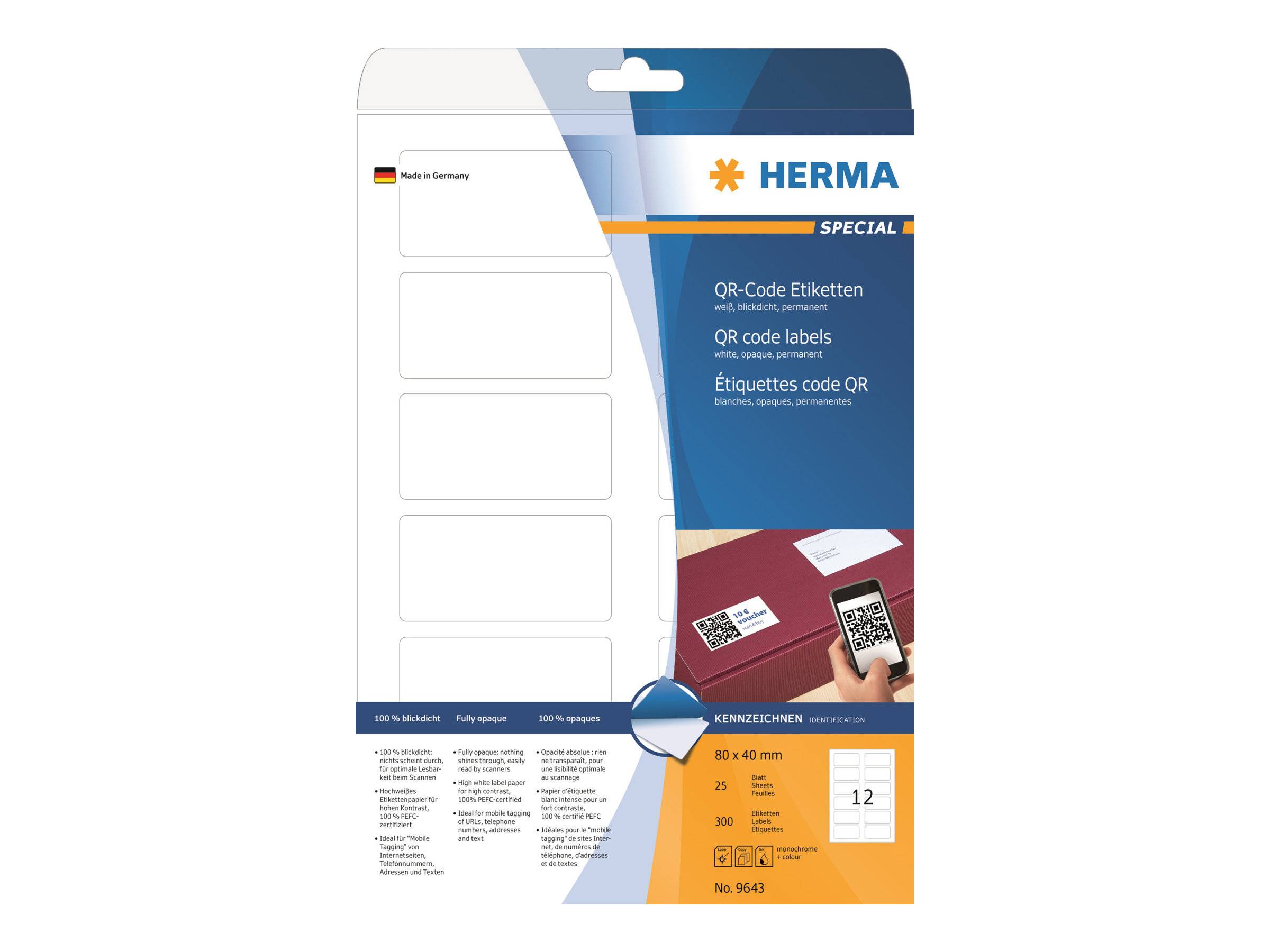 4008705096430 - QR-Code Etiketten A4 80x40 mm weiß Papier matt blickdicht 300 St - Herma