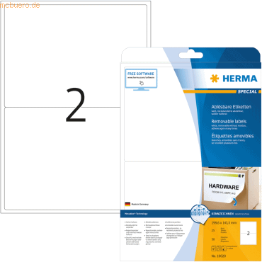 4008705100205 - HERMA Wiederablösbare Etiketten 10020 Weiß Rechteckig 1996 x 1435 mm 25 Blatt à 56 Etiketten