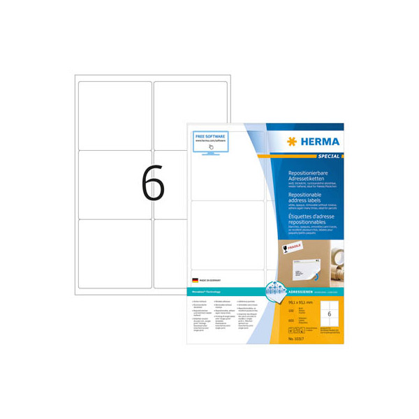 4008705103176 - Repositionierbare Adressetiketten A4 991x931 mm weiß Movables Papier matt blickdicht 600 St - Herma