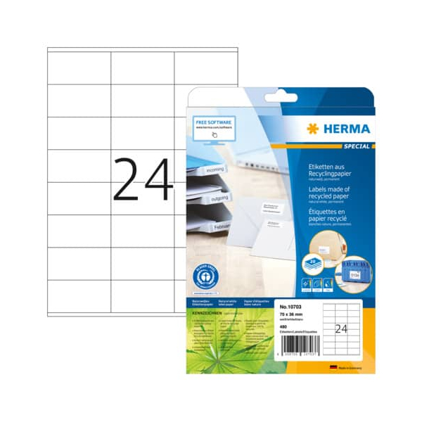 4008705107037 - HERMA Etiketten Recyclingpapier A4 70x36mm weiß VE=20 Blatt 480 Stück