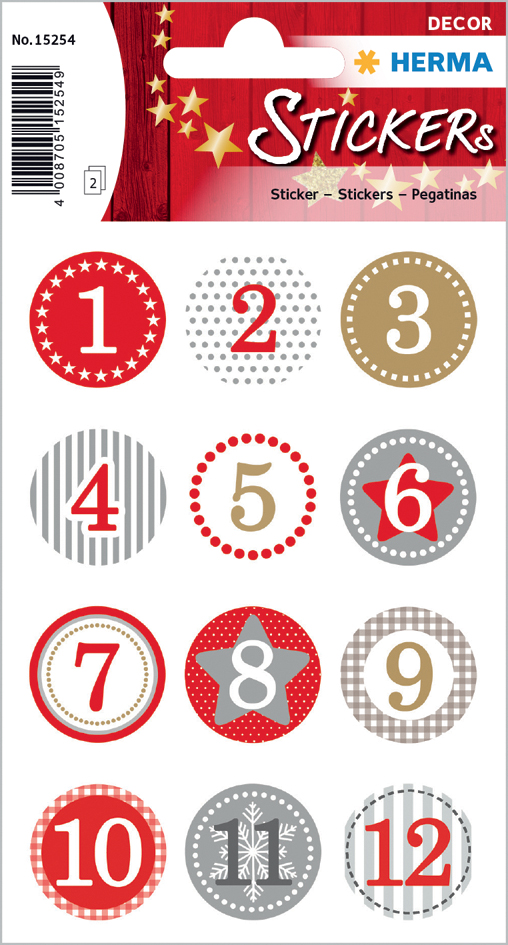 4008705152549 - 10 x HERMA Schmucketikett Decor Adventskalender 1-24 Rot 2 cm 2 Blatt