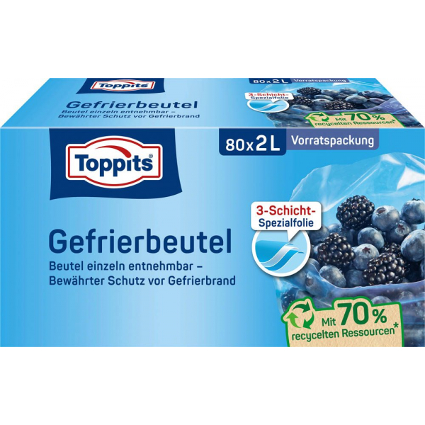 4008871208125 - Toppits® Gefrierbeutel Standboden Vorratspack Mit Standboden für einfaches Befüllen Fassungsvermögen 2 Liter 1 Packung = 80 Stück