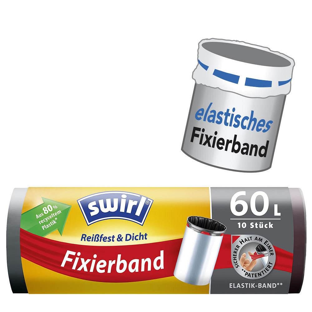 4008871215963 - Swirl® Müllbeutel Reißfest mit Fixierband 60 Liter Besonders reißfeste dichte und tropfsichere Mülltüten 1 Rolle = 10 Beutel