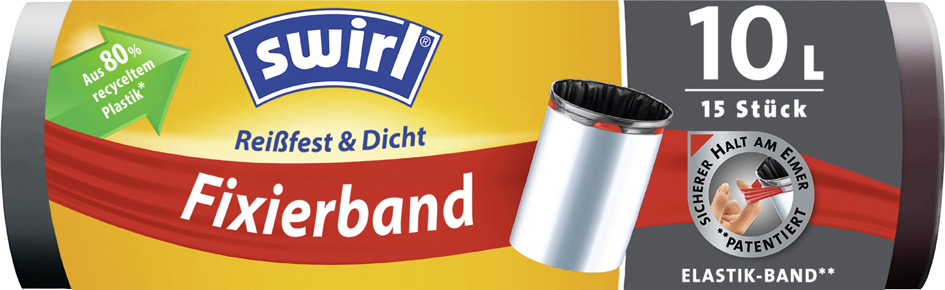 4008871216229 - Swirl® Müllbeutel Reißfest mit Fixierband 10 Liter Besonders reißfeste dichte und tropfsichere Mülltüten 1 Rolle = 15 Beutel