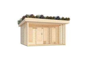 4010090288062 - CHILLROI® Karibu Gartenhaus mit Gründach – 1572 m² aus nordischer Fichte 38 mm Wandstärke inkl Dachbegrünungs-Set Echtglasfenster Pultdach & Zylinderschloss