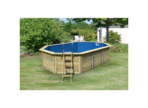 4010090331386 - CHILLROI Achteckiger Massivholzpool länglich 5685 x 3575 x 124 cm Modell 1 X Folie blau Inkl Zubehör und Pool Leitern