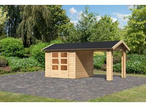 4010090384283 - Karibu Gartenhaus Gartenhaus Verino X SET naturbelassen mit Dachausbau Schindeln Boden Dachrinn