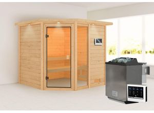 4010090387222 - Karibu Sauna Kühlungsborn mit Kranz SET naturbelassen mit Ofen 9 kW Bio ext Strg