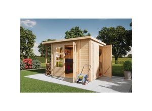 4010090993591 - Gartenhaus 19 mm Multi Pultdach mit Schrank und Anbaudach naturbelassen inkl Fußboden & Dacheindeckung