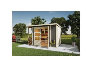 4010090993607 - Gartenhaus 19 mm Multi Pultdach mit Schrank und Anbaudach terragrau inkl Fußboden & Dacheindeckung