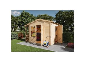 4010090993614 - Karibu Gartenhaus 19mm Multi Satteldach mit Schrank und Anbaudach naturbelassen inkl Fußboden & Dacheindeckung en